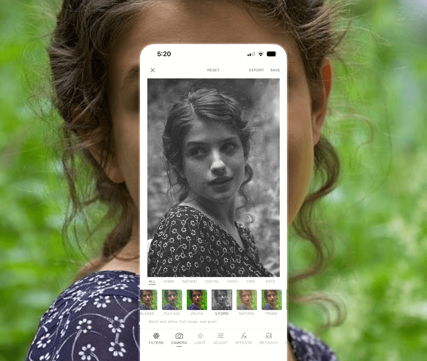 A portrait graded with an Orene vintage camera stock